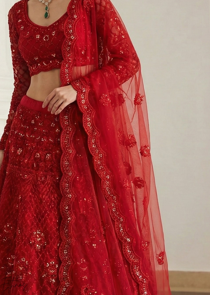 Crimson Red All-Over Sequin Embroidered Net Lehenga