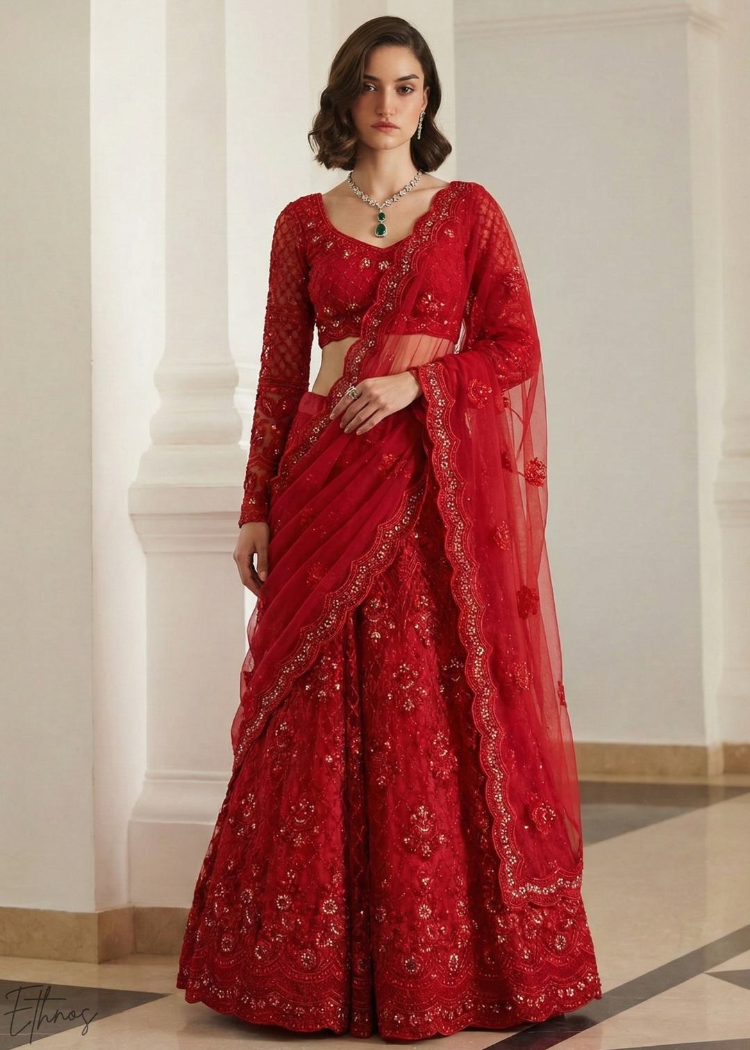 Crimson Red All-Over Sequin Embroidered Net Lehenga