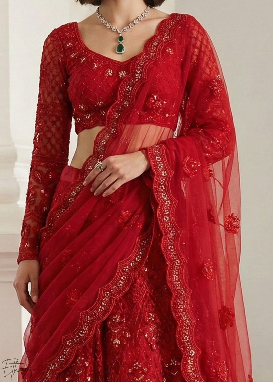 Crimson Red All-Over Sequin Embroidered Net Lehenga