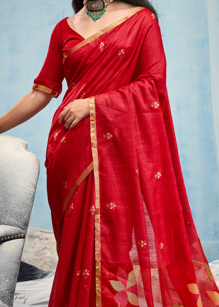 Crimson Red Artisanal Weave Munga Cotton Saree