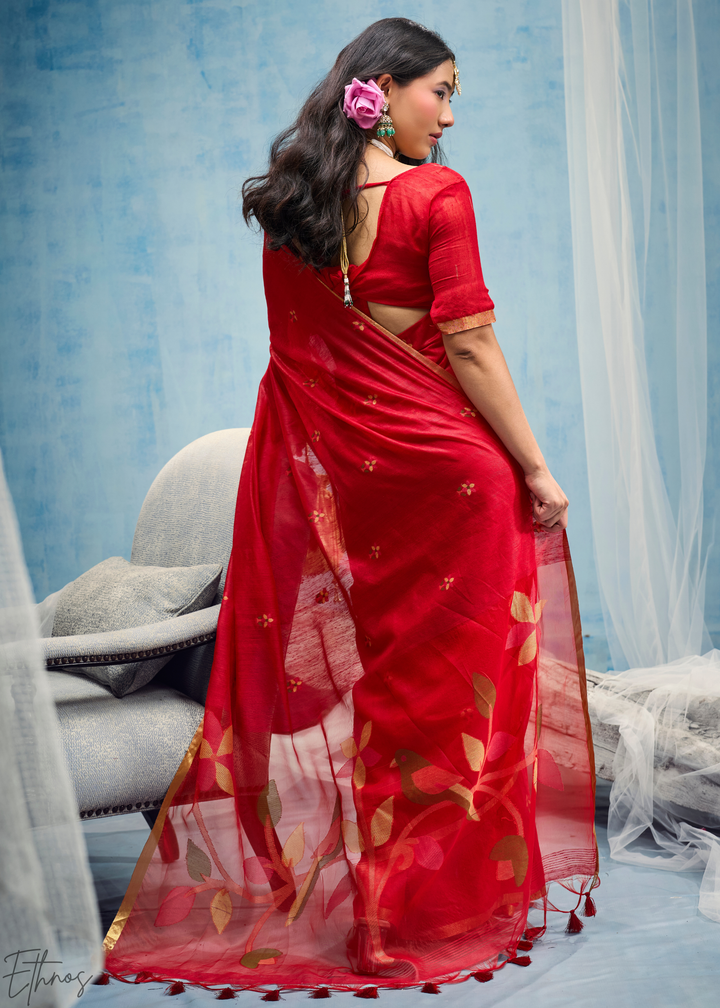 Crimson Red Artisanal Weave Munga Cotton Saree