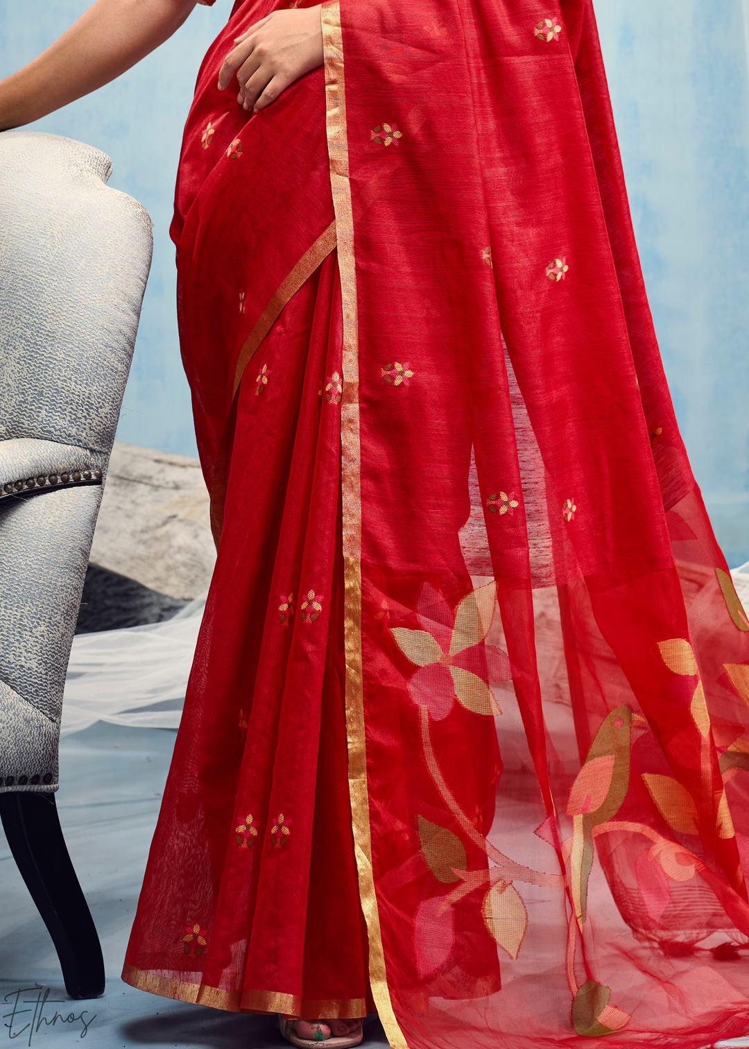 Crimson Red Artisanal Weave Munga Cotton Saree