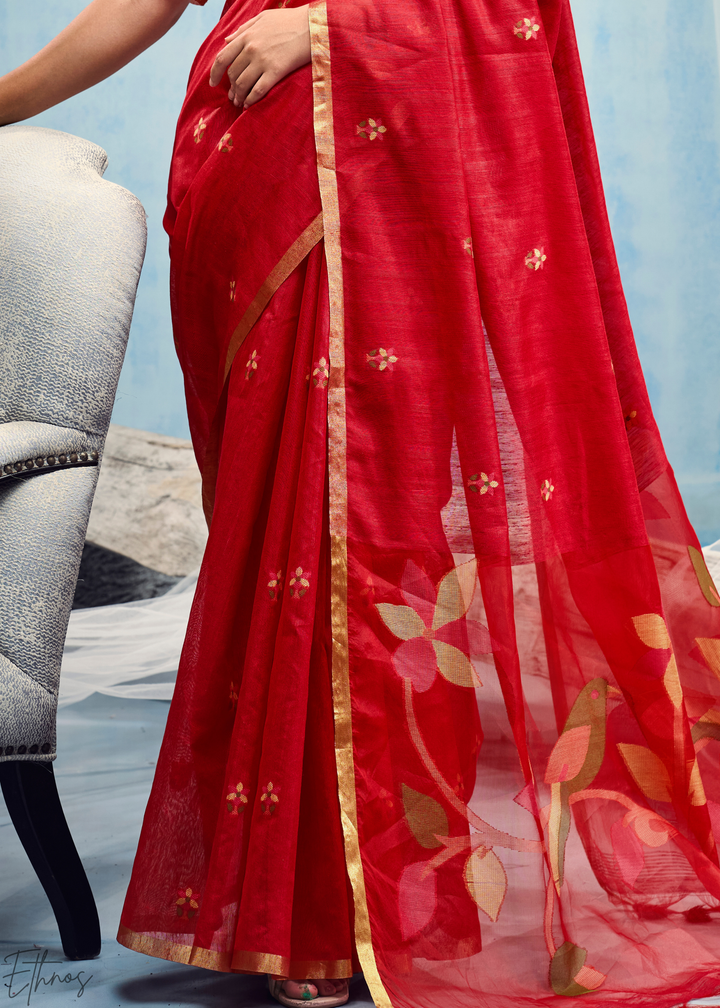 Crimson Red Artisanal Weave Munga Cotton Saree