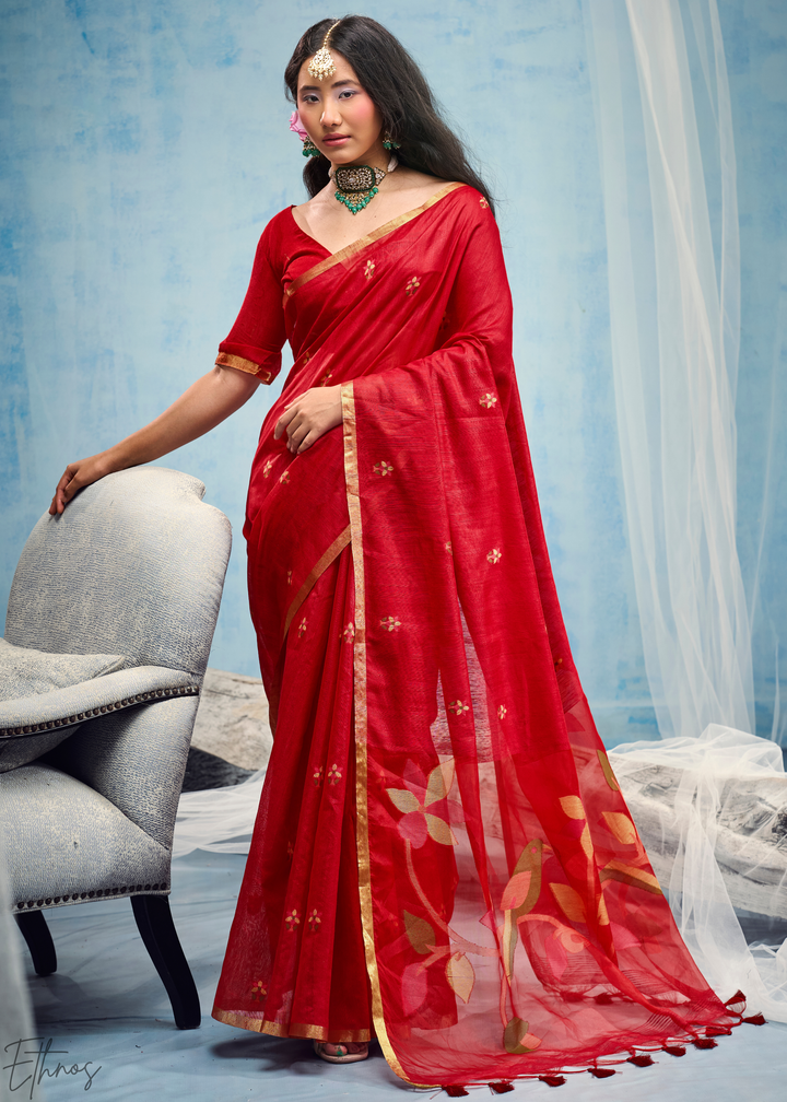 Crimson Red Artisanal Weave Munga Cotton Saree