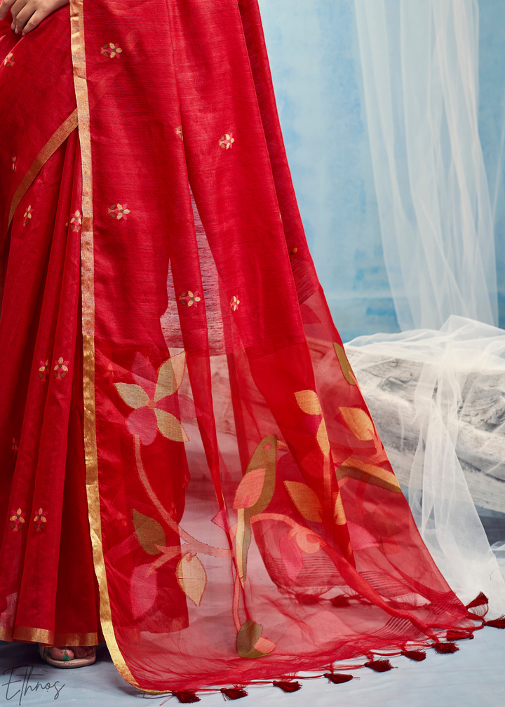 Crimson Red Artisanal Weave Munga Cotton Saree
