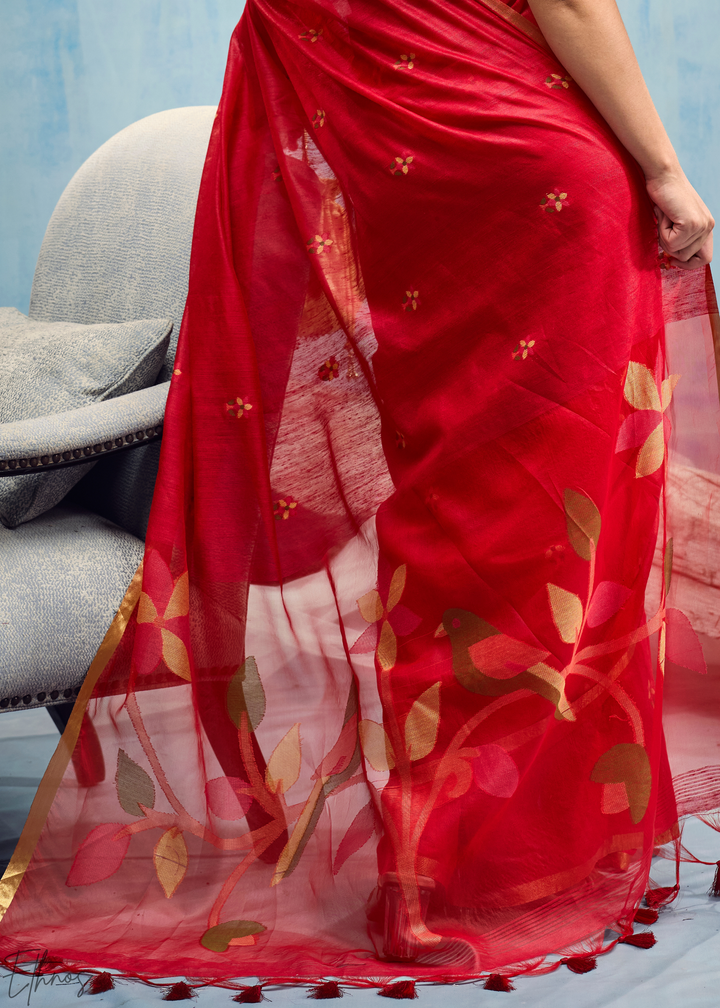 Crimson Red Artisanal Weave Munga Cotton Saree
