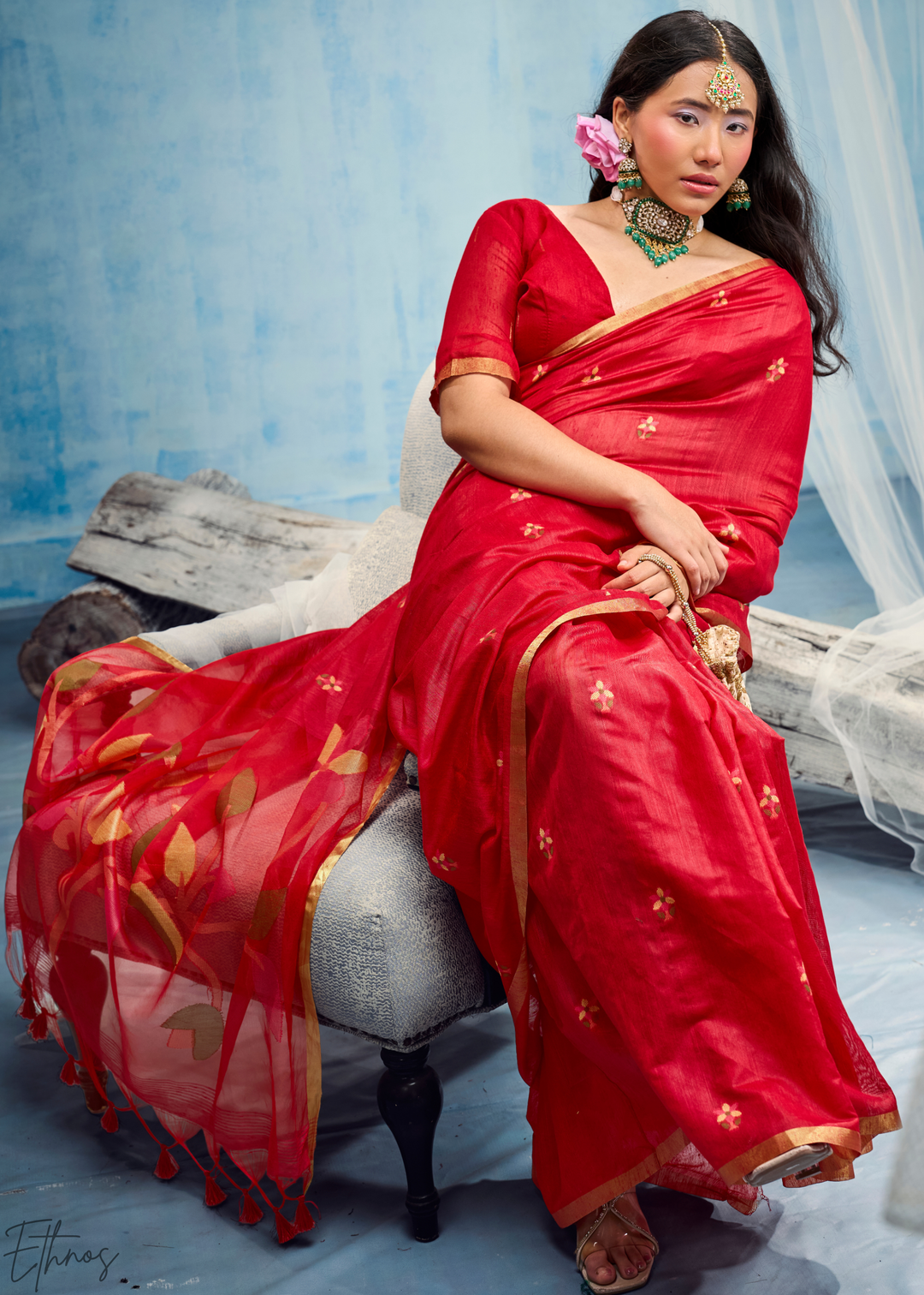 Crimson Red Artisanal Weave Munga Cotton Saree
