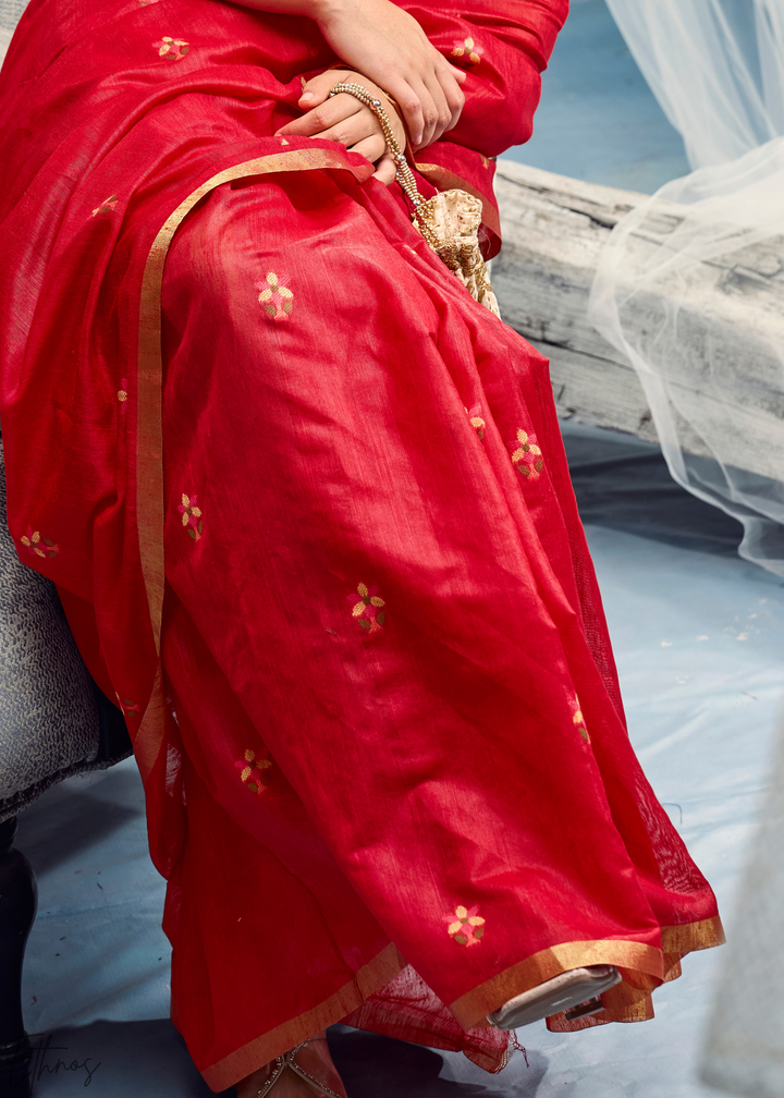 Crimson Red Artisanal Weave Munga Cotton Saree