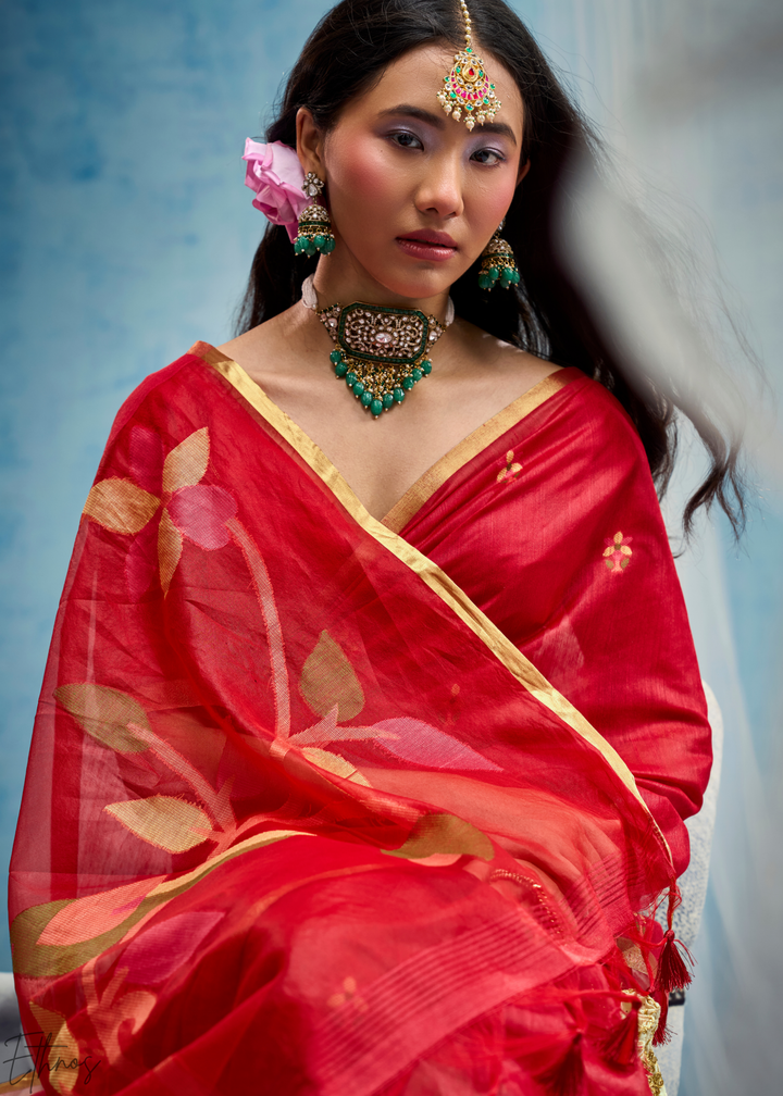 Crimson Red Artisanal Weave Munga Cotton Saree