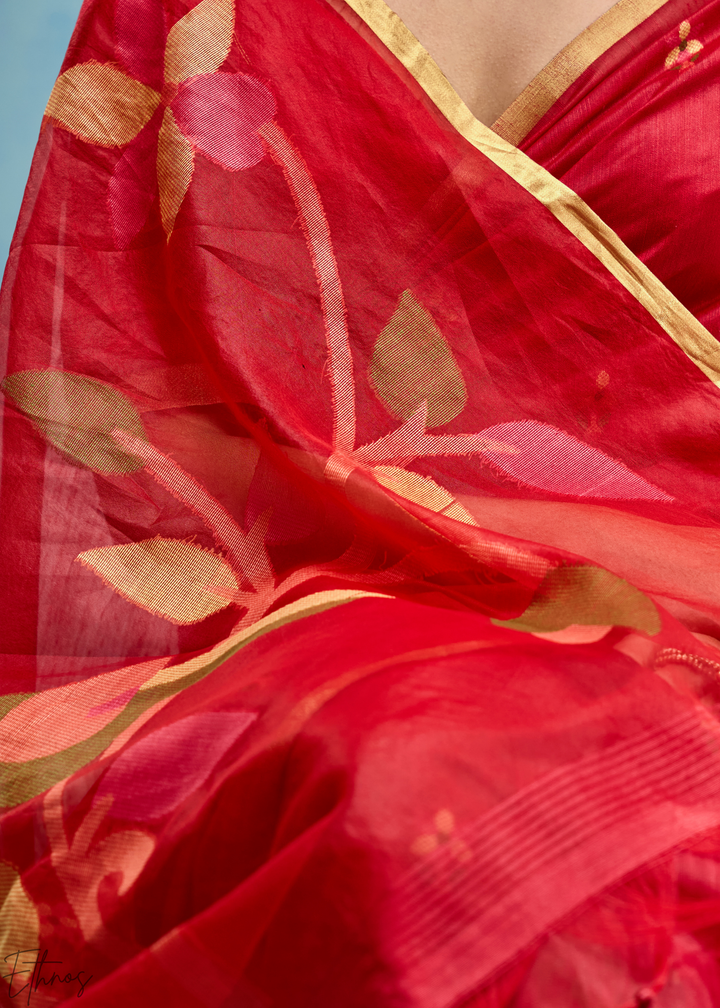 Crimson Red Artisanal Weave Munga Cotton Saree