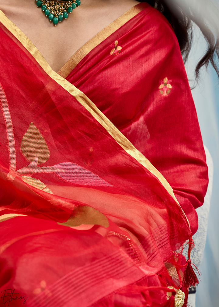 Crimson Red Artisanal Weave Munga Cotton Saree