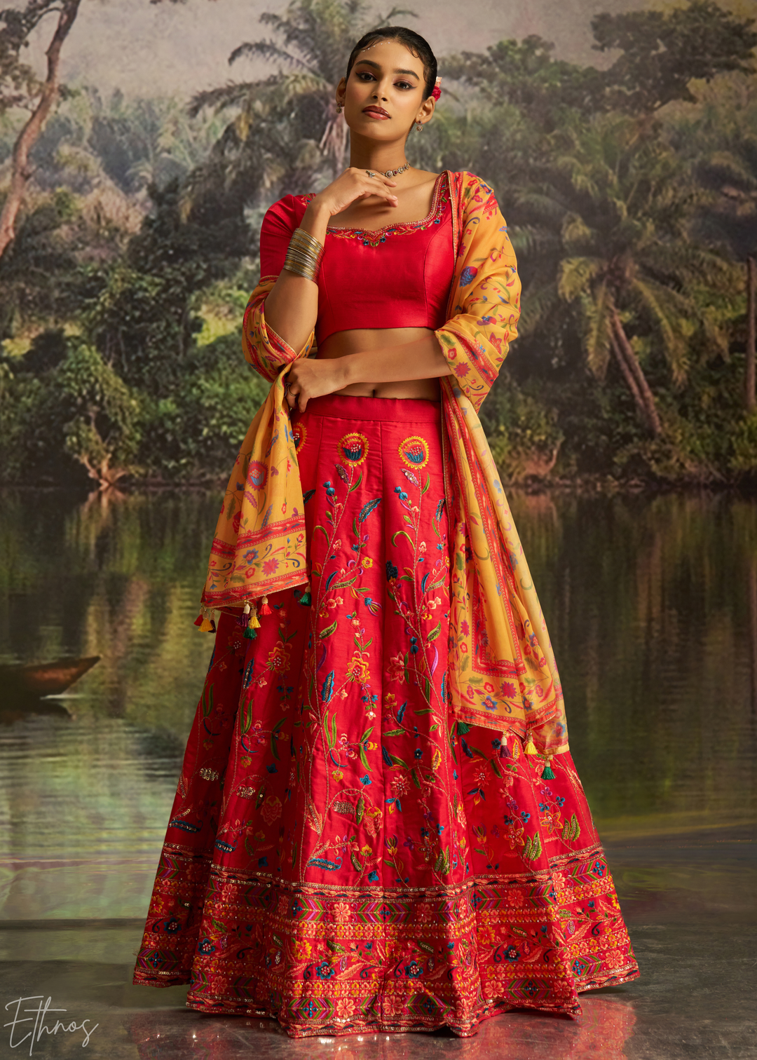 Crimson Red Botanical-Embroidered Silk Lehenga