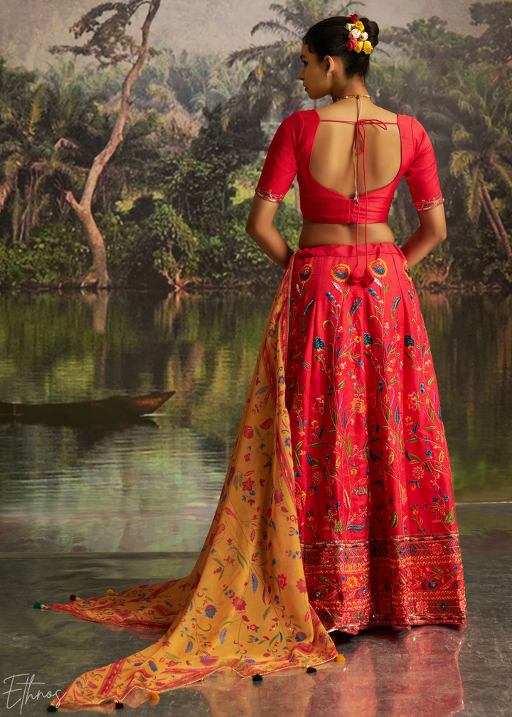 Crimson Red Botanical-Embroidered Silk Lehenga