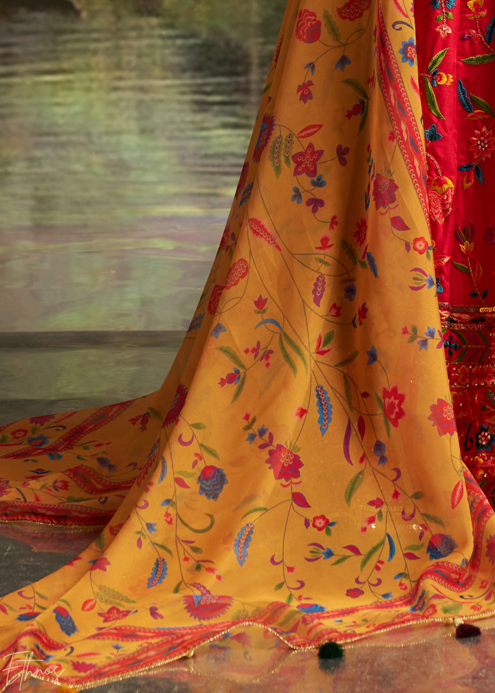 Crimson Red Botanical-Embroidered Silk Lehenga