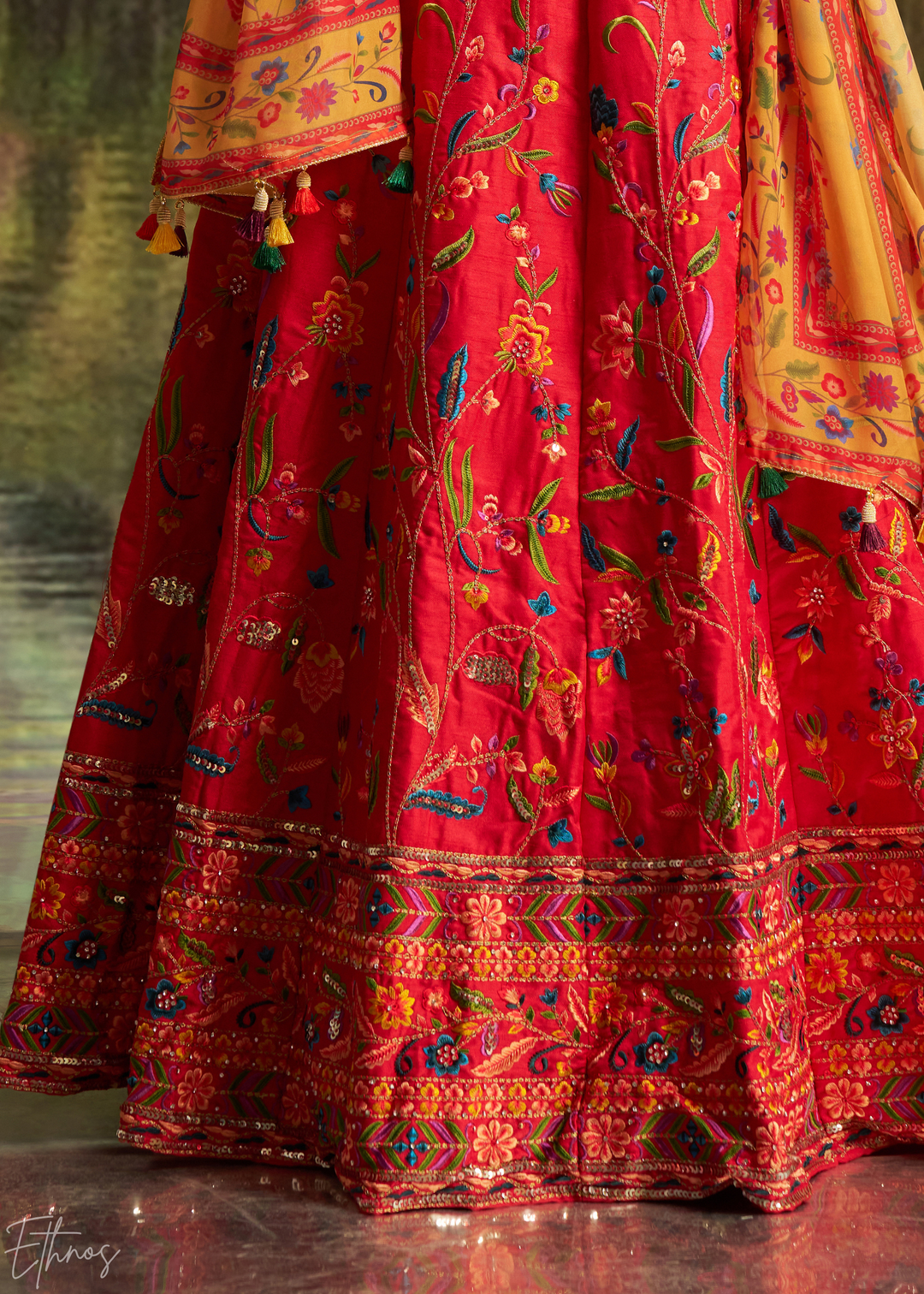 Crimson Red Botanical-Embroidered Silk Lehenga