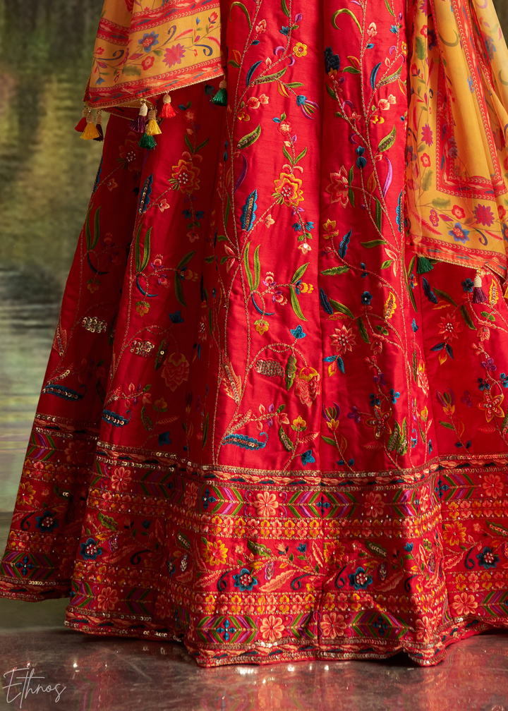 Crimson Red Botanical-Embroidered Silk Lehenga