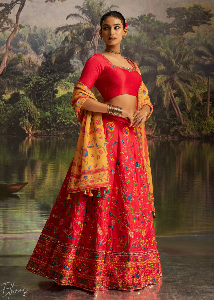 Crimson Red Botanical-Embroidered Silk Lehenga