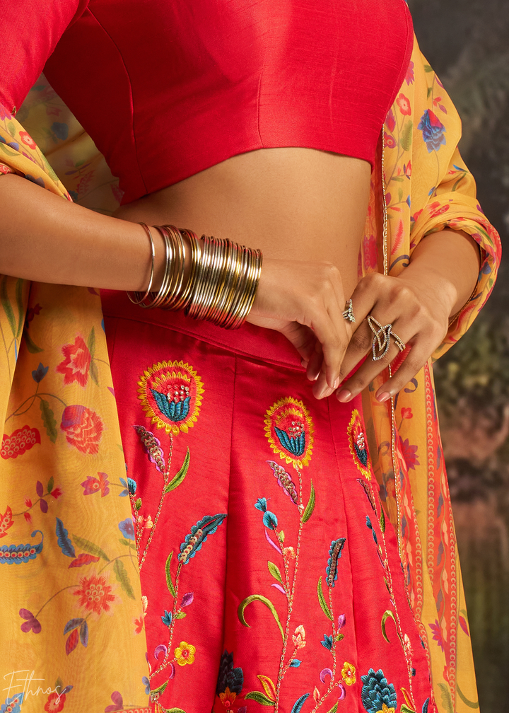 Crimson Red Botanical-Embroidered Silk Lehenga