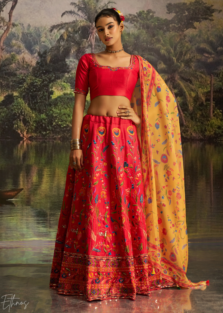 Crimson Red Botanical-Embroidered Silk Lehenga