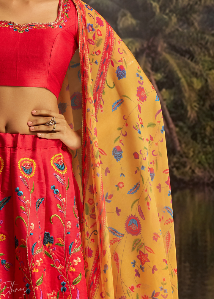 Crimson Red Botanical-Embroidered Silk Lehenga