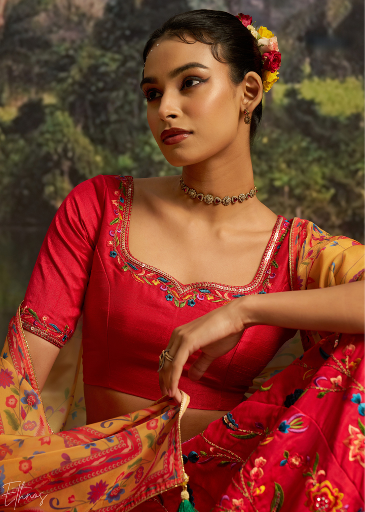 Crimson Red Botanical-Embroidered Silk Lehenga