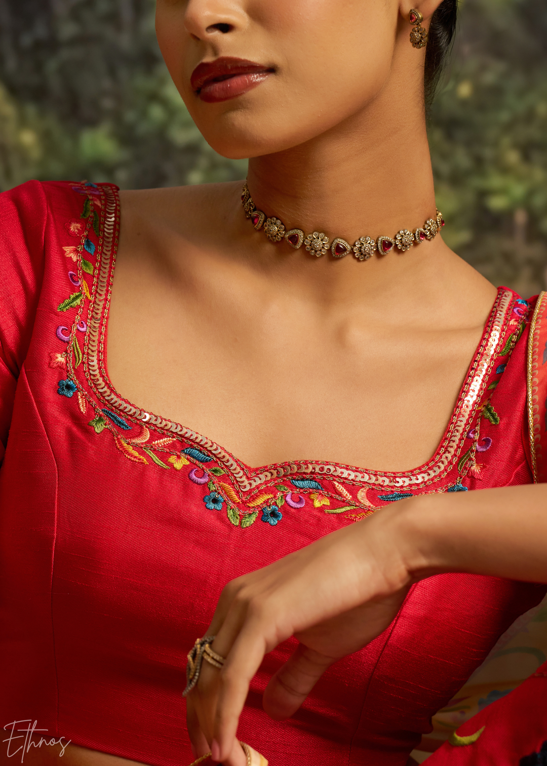 Crimson Red Botanical-Embroidered Silk Lehenga