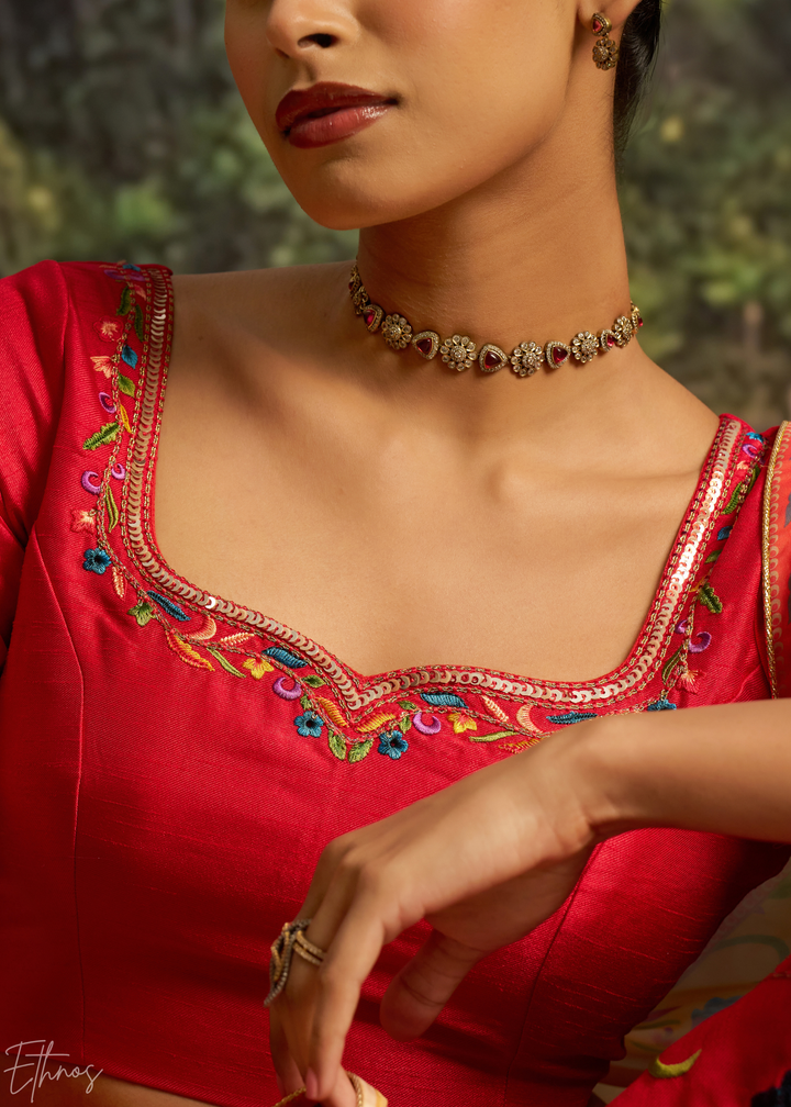 Crimson Red Botanical-Embroidered Silk Lehenga