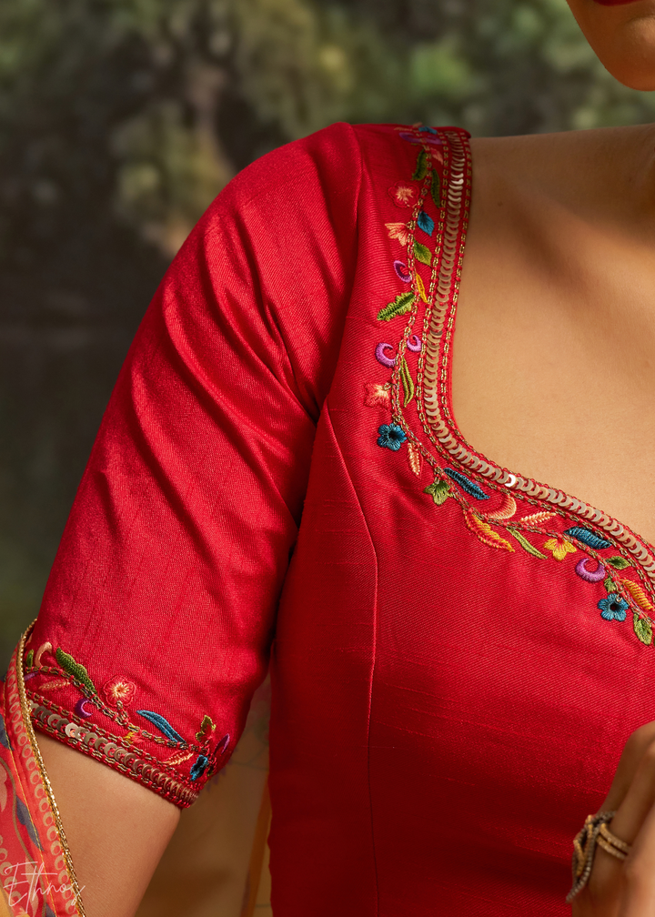 Crimson Red Botanical-Embroidered Silk Lehenga