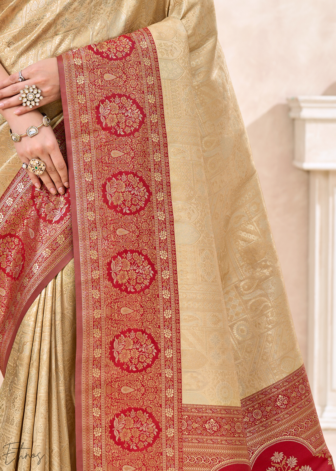 Crimson Red Botanical Panel Woven Silk Saree