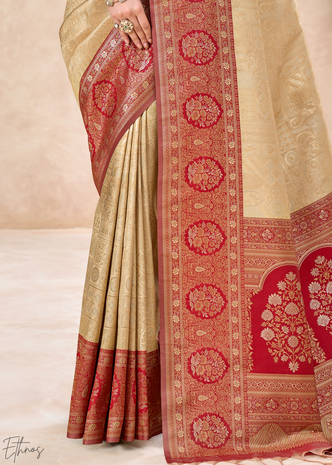 Crimson Red Botanical Panel Woven Silk Saree