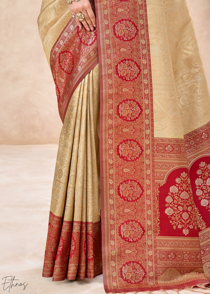 Crimson Red Botanical Panel Woven Silk Saree