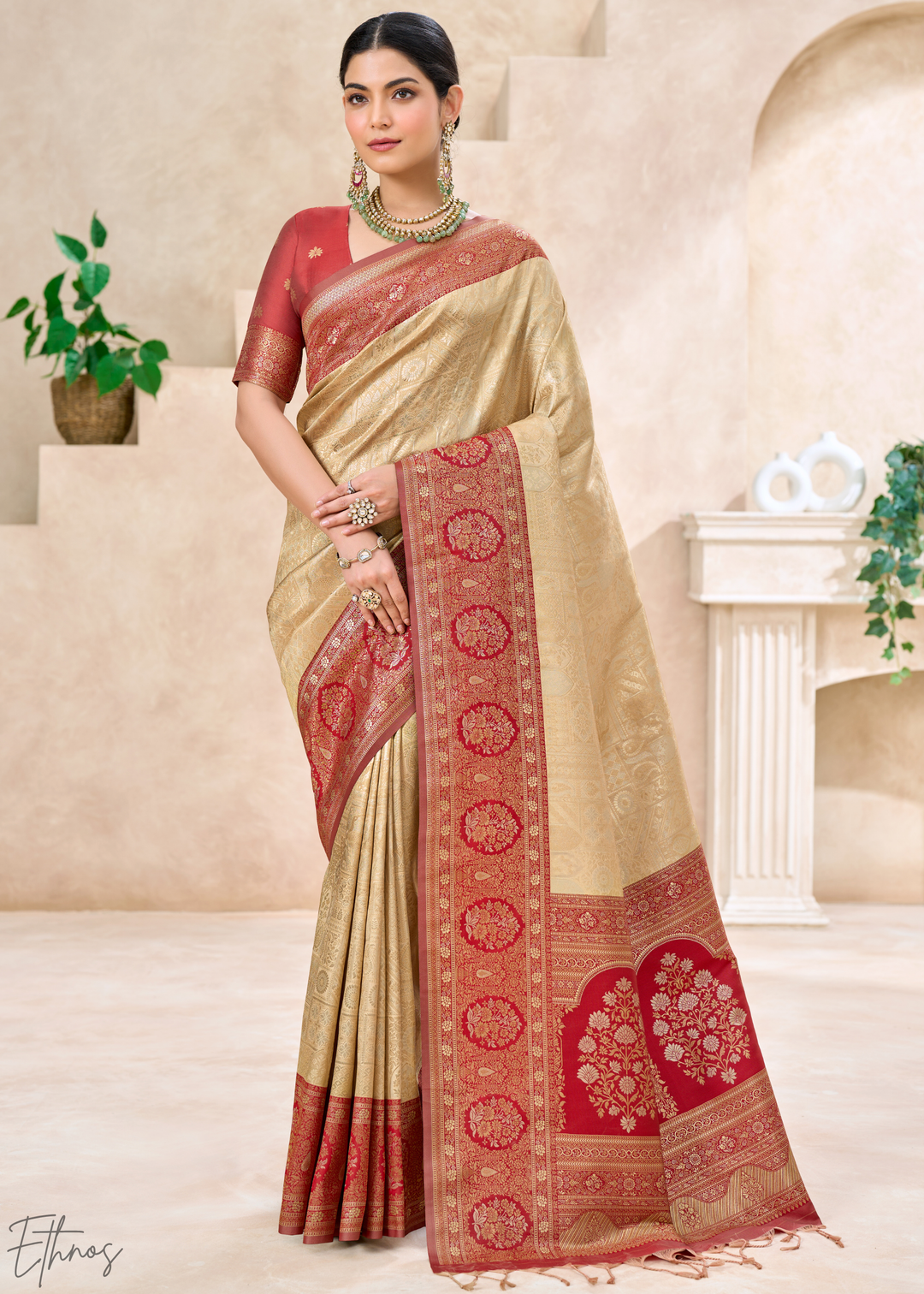 Crimson Red Botanical Panel Woven Silk Saree