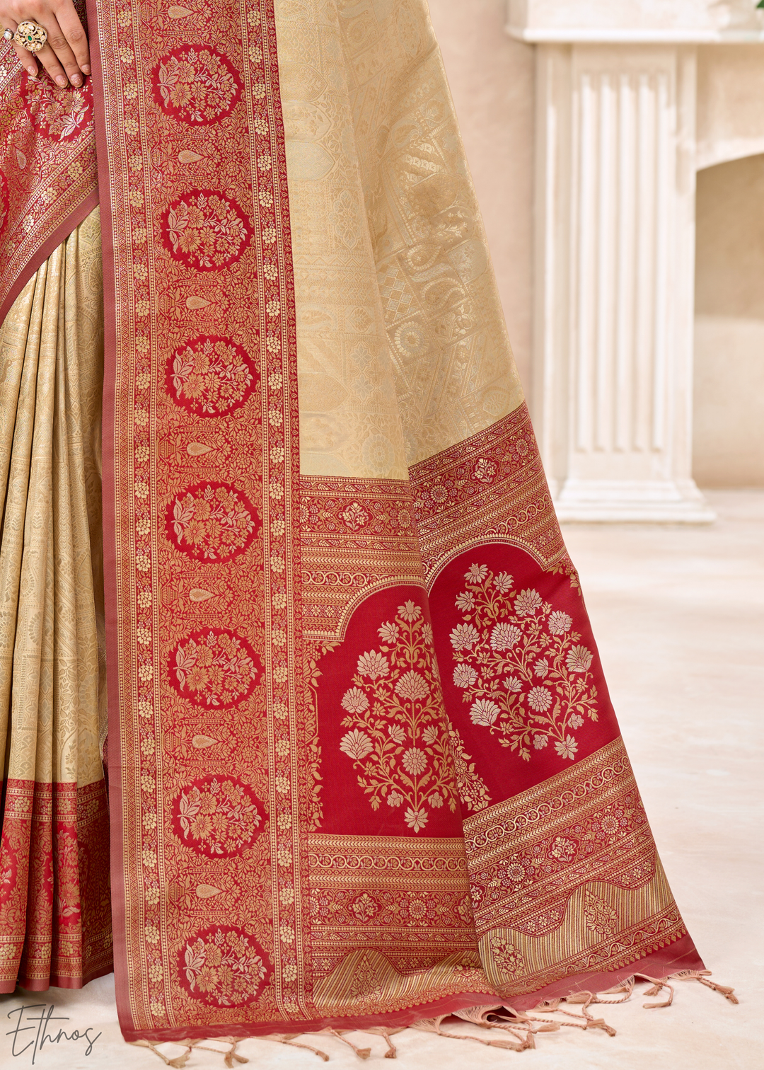 Crimson Red Botanical Panel Woven Silk Saree