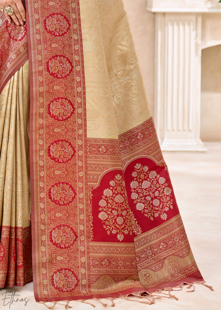 Crimson Red Botanical Panel Woven Silk Saree