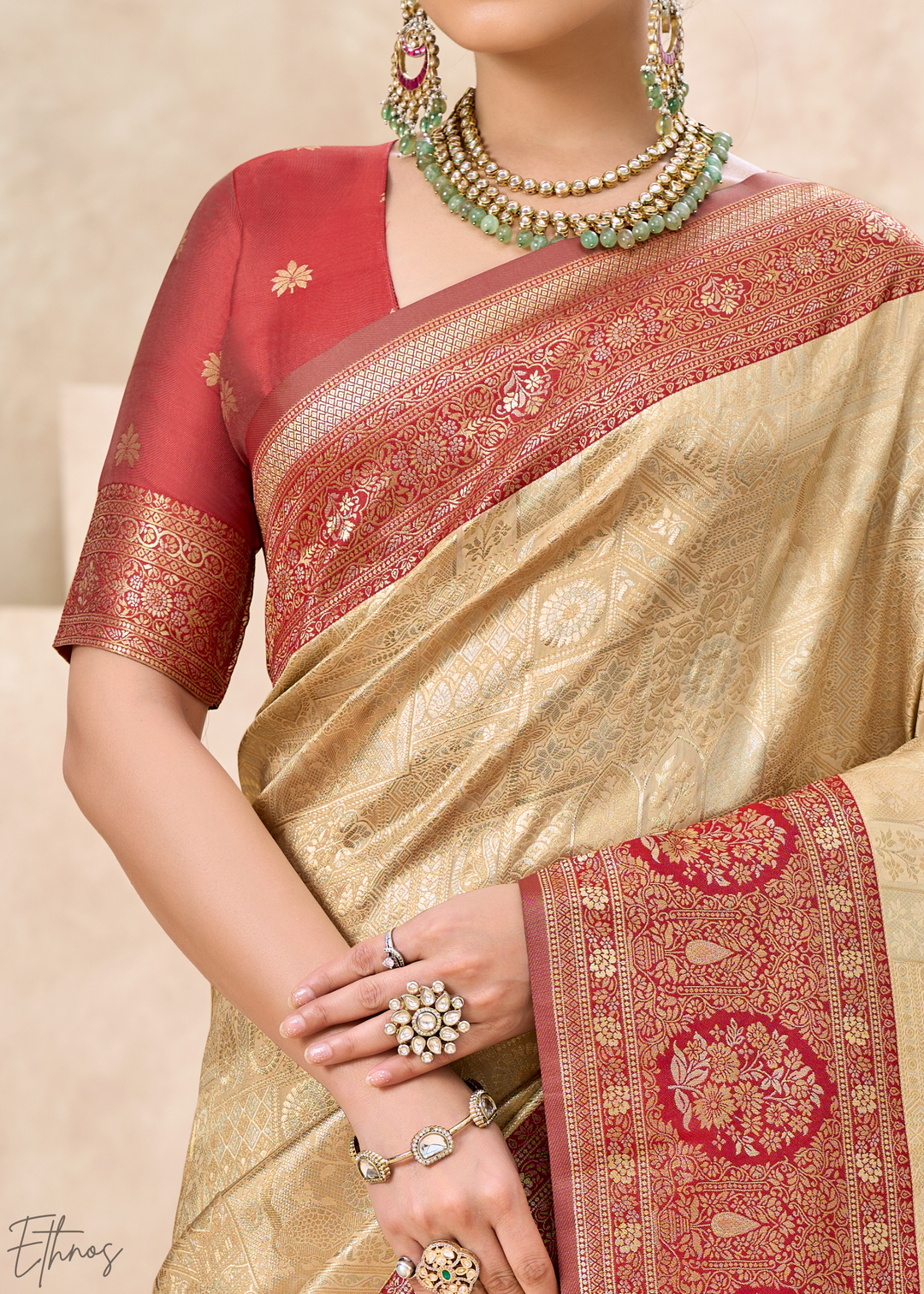 Crimson Red Botanical Panel Woven Silk Saree