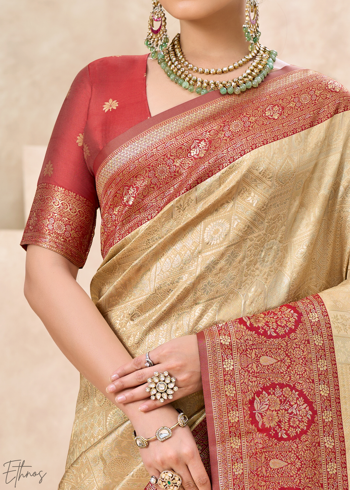 Crimson Red Botanical Panel Woven Silk Saree