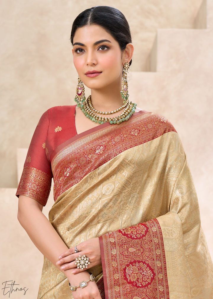 Crimson Red Botanical Panel Woven Silk Saree