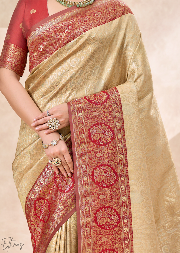 Crimson Red Botanical Panel Woven Silk Saree