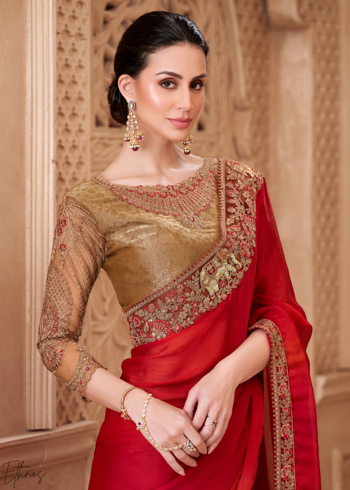 Crimson Red Classic Border Satin Georgette Saree