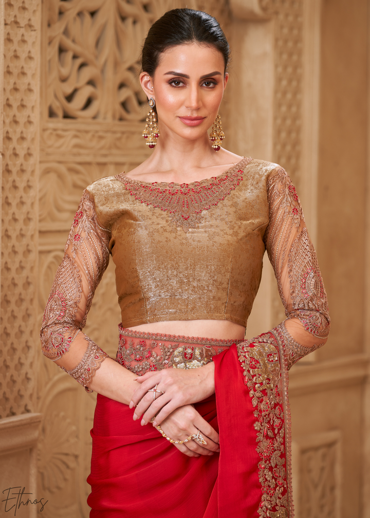 Crimson Red Classic Border Satin Georgette Saree