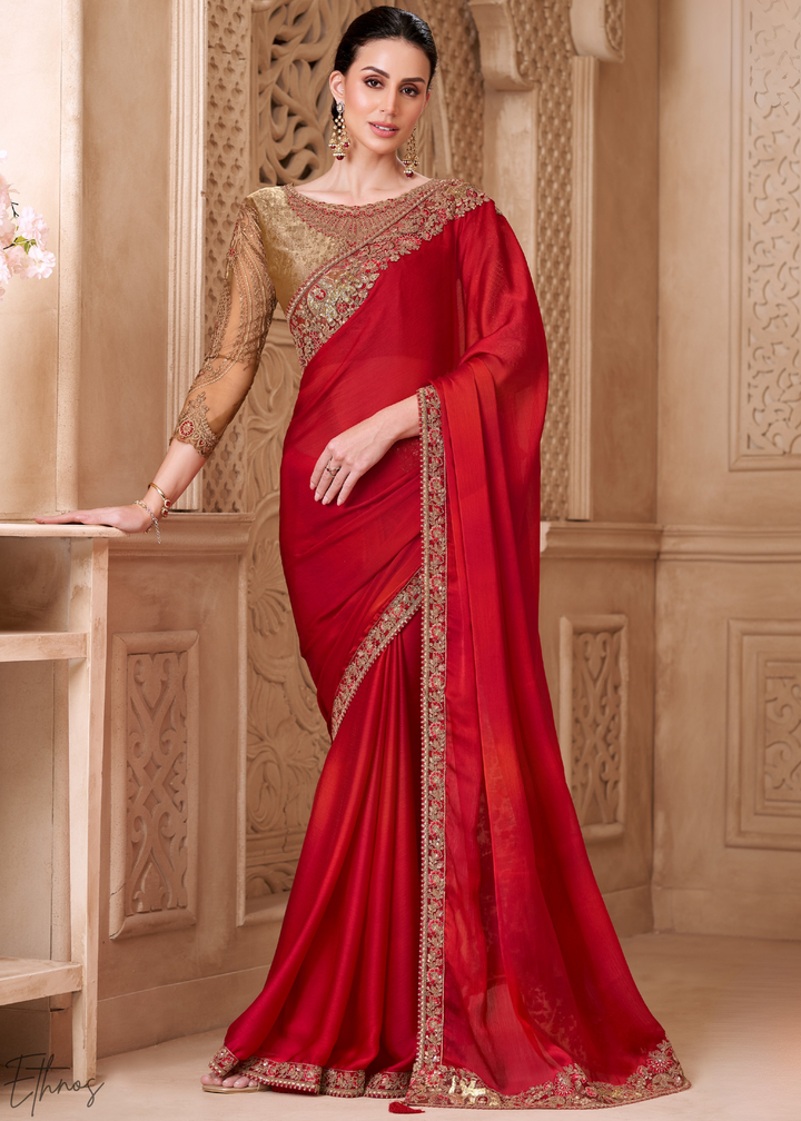 Crimson Red Classic Border Satin Georgette Saree
