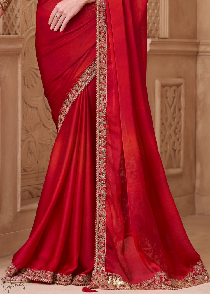 Crimson Red Classic Border Satin Georgette Saree