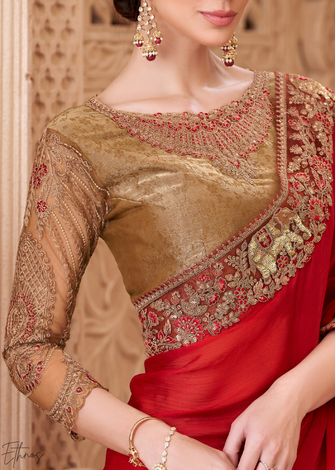Crimson Red Classic Border Satin Georgette Saree