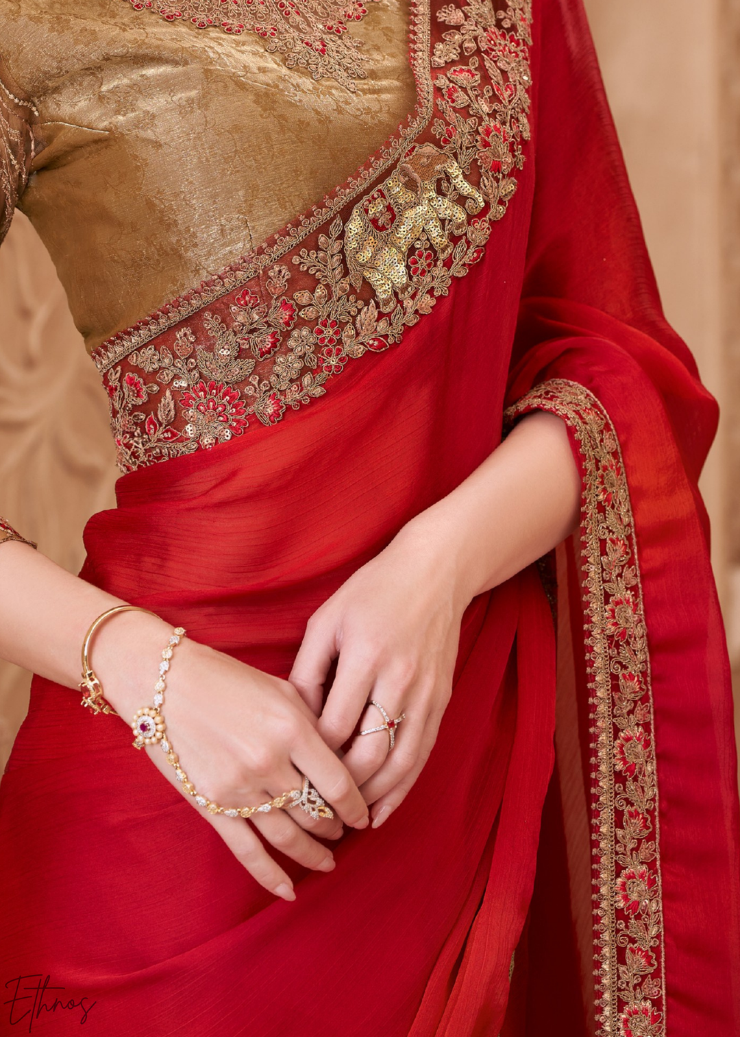 Crimson Red Classic Border Satin Georgette Saree