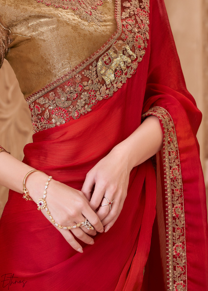Crimson Red Classic Border Satin Georgette Saree