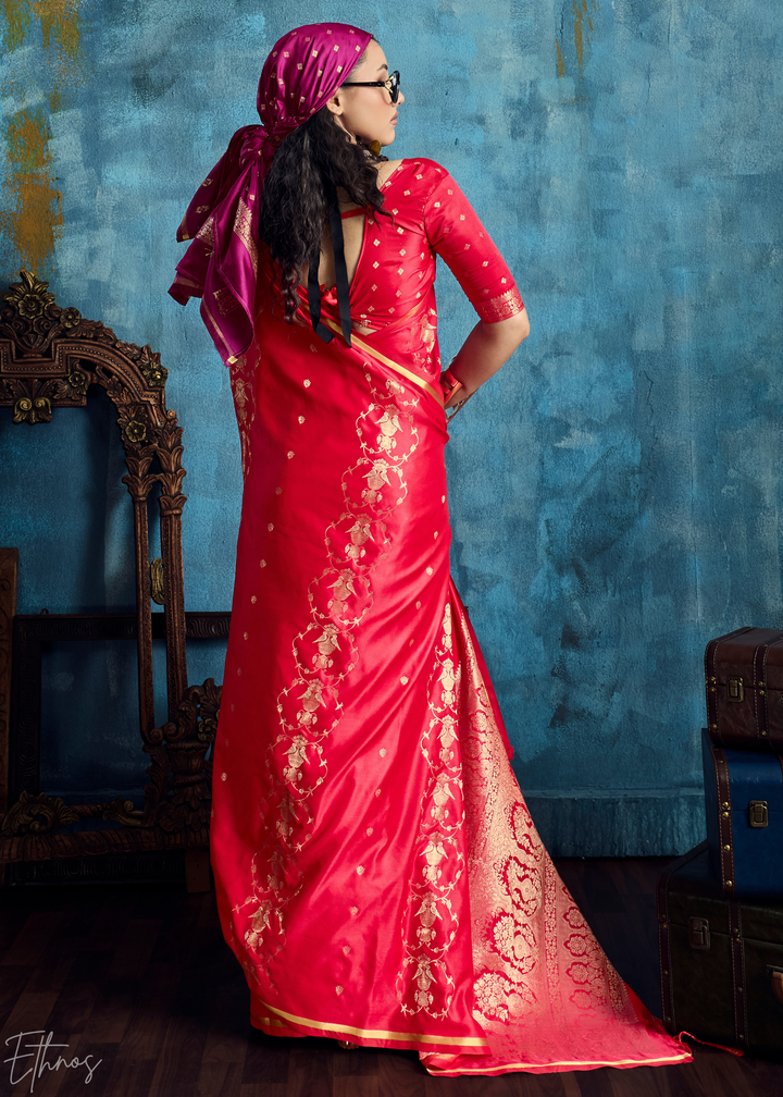 Crimson Red Floral Brocade Satin Silk Saree
