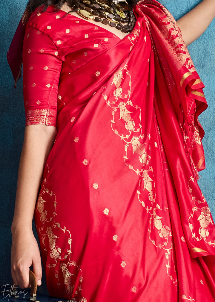 Crimson Red Floral Brocade Satin Silk Saree