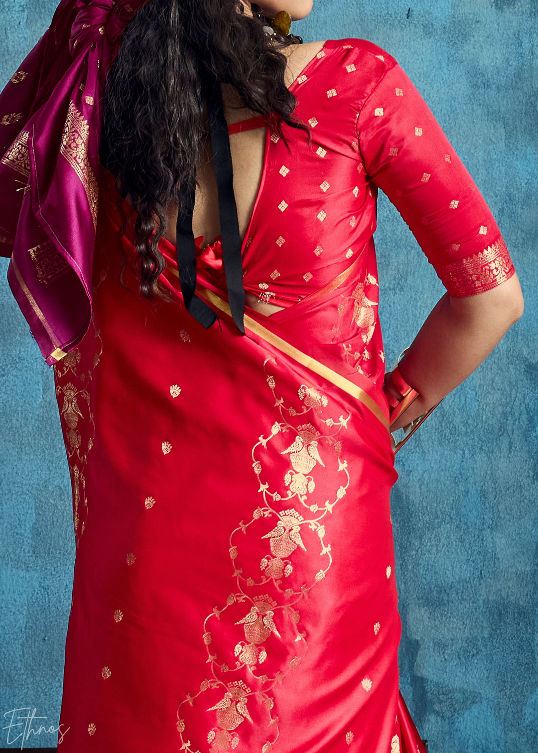Crimson Red Floral Brocade Satin Silk Saree