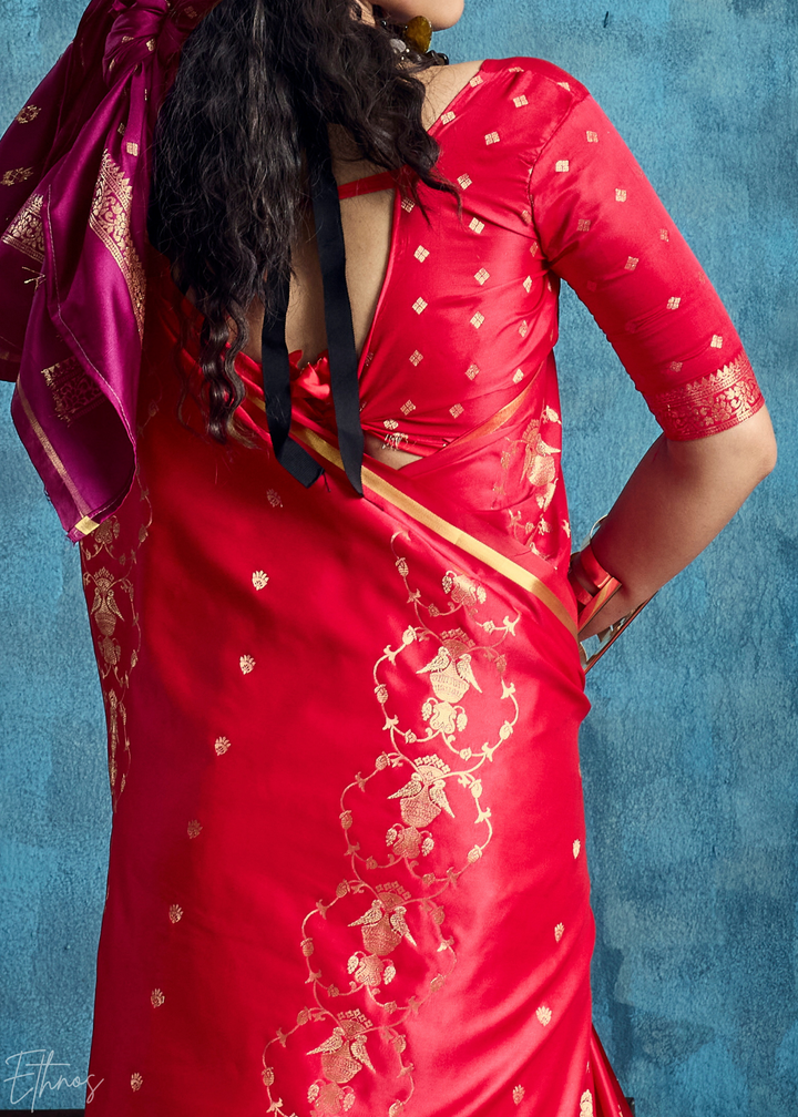 Crimson Red Floral Brocade Satin Silk Saree