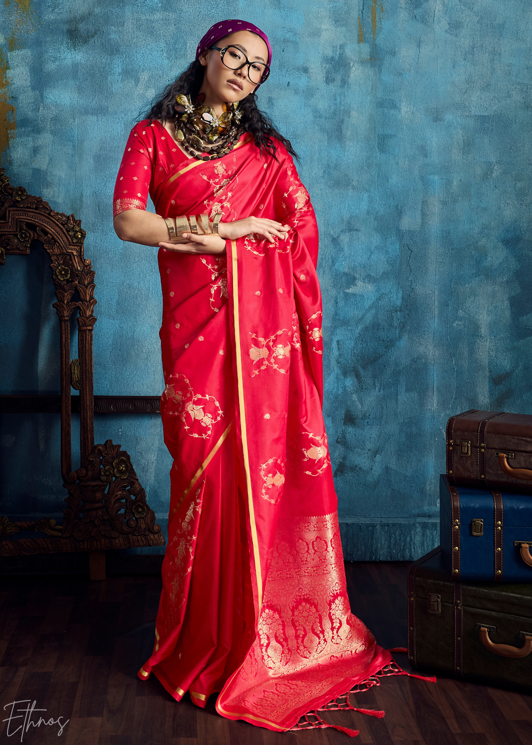Crimson Red Floral Brocade Satin Silk Saree